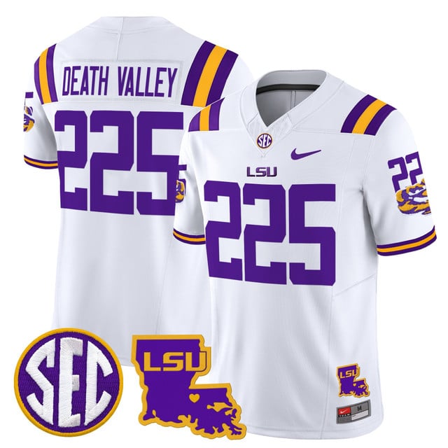 Men's LSU Tigers 2025 Louisiana Patch Vapor Limited Jersey white #225 Death Valley