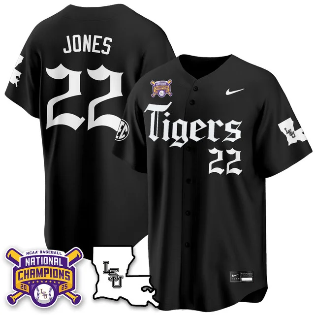 Men's LSU Tigers 2025 World Series Champions 'Gothic Geaux Edition' Jersey BLACK#22 JARED JONES