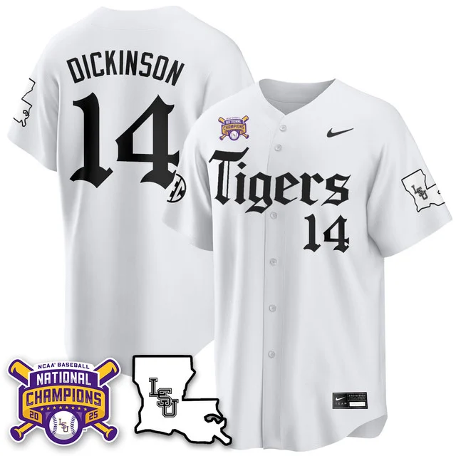 Men's LSU Tigers 2025 World Series Champions 'Gothic Geaux Edition' Jersey WHITE#14 DANIEL DICKINSON