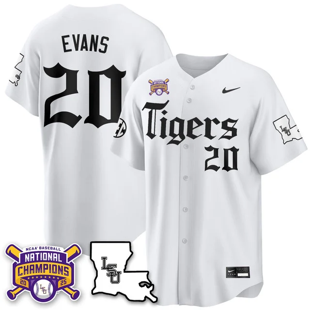Men's LSU Tigers 2025 World Series Champions 'Gothic Geaux Edition' Jersey WHITE#20 CASAN EVANS