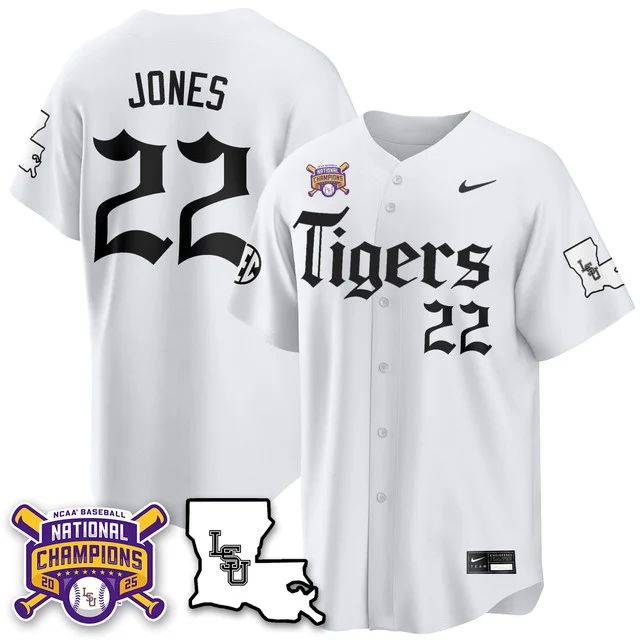 Men's LSU Tigers 2025 World Series Champions 'Gothic Geaux Edition' Jersey WHITE#22 JARED JONES