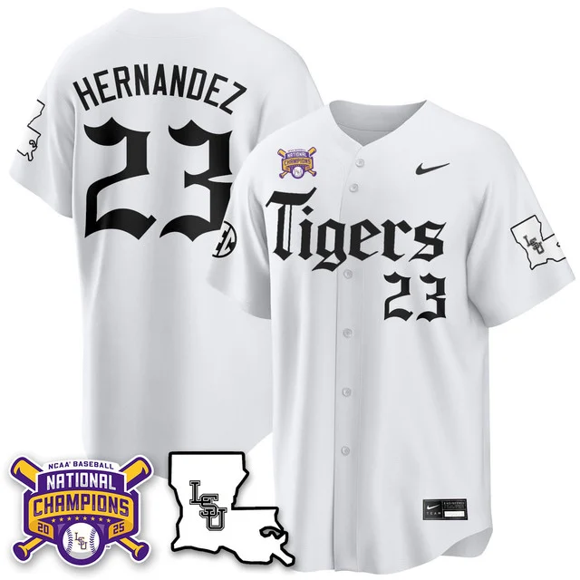 Men's LSU Tigers 2025 World Series Champions 'Gothic Geaux Edition' Jersey WHITE#23 LUIS HERNANDEZ