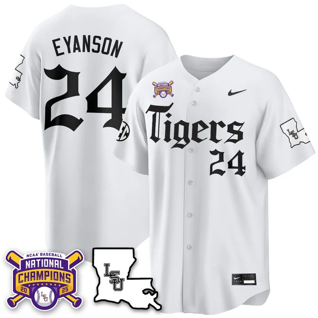 Men's LSU Tigers 2025 World Series Champions 'Gothic Geaux Edition' Jersey WHITE#24 ANTHONY EYANSON