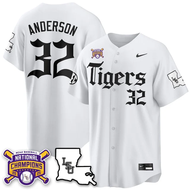 Men's LSU Tigers 2025 World Series Champions 'Gothic Geaux Edition' Jersey WHITE#32 KADE ANDERSON