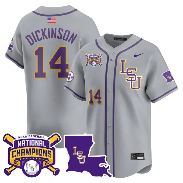 Men's LSU Tigers 2025 World Series Champions Limited Jersey GRAY #14 DANIEL DICKINSON