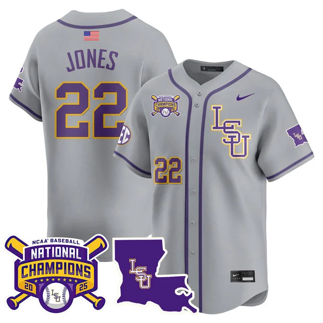 Men's LSU Tigers 2025 World Series Champions Limited Jersey GRAY #22 JARED JONES