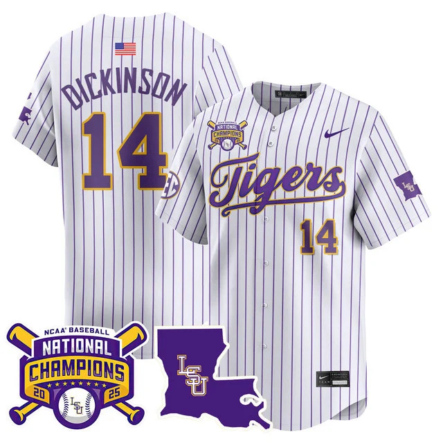Men's LSU Tigers 2025 World Series Champions Limited Jersey PINSTRIPE #14 DANIEL DICKINSON