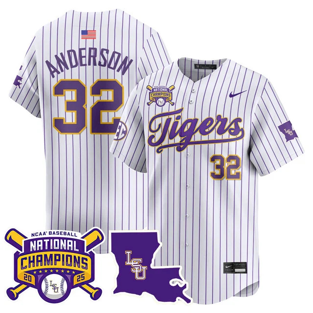 Men's LSU Tigers 2025 World Series Champions Limited Jersey PINSTRIPE #32 KADE ANDERSON