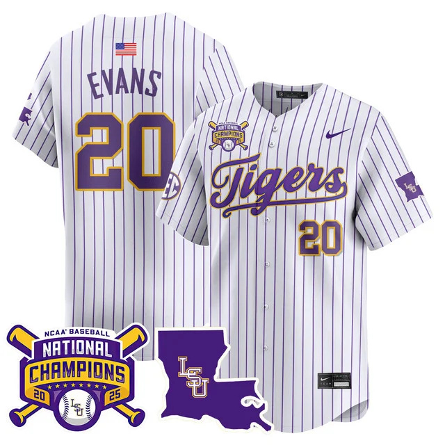Men's LSU Tigers 2025 World Series Champions Limited Jersey PINSTRIPE#20 CASAN EVANS