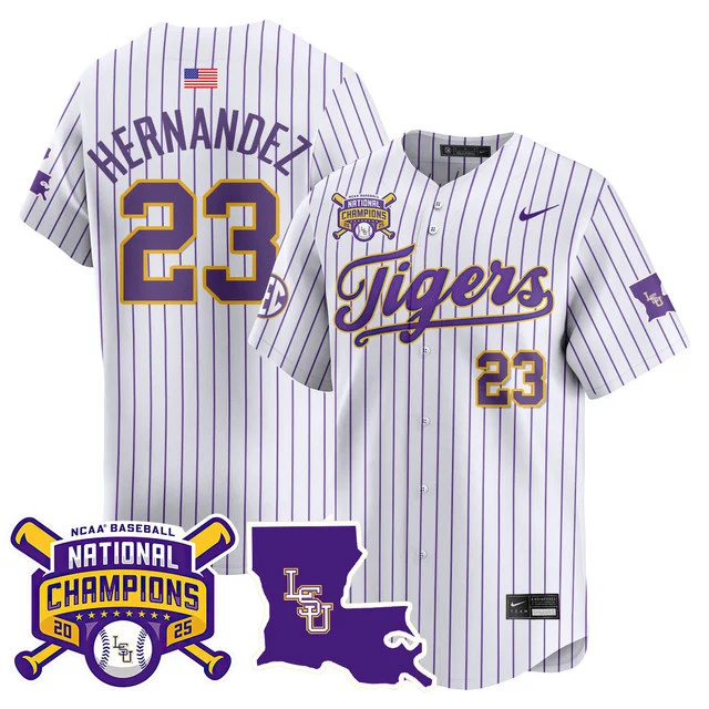Men's LSU Tigers 2025 World Series Champions Limited Jersey PINSTRIPE#23 LUIS HERNANDEZ
