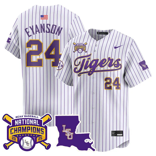 Men's LSU Tigers 2025 World Series Champions Limited Jersey PINSTRIPE#24 ANTHONY EYANSON