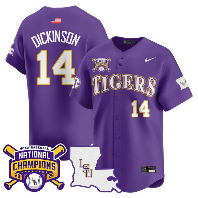 Men's LSU Tigers 2025 World Series Champions Limited Jersey PURLPE#14 DANIEL DICKINSON