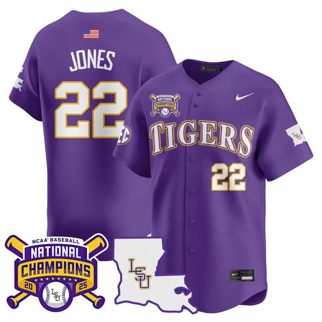 Men's LSU Tigers 2025 World Series Champions Limited Jersey PURLPE#22 JARED JONES