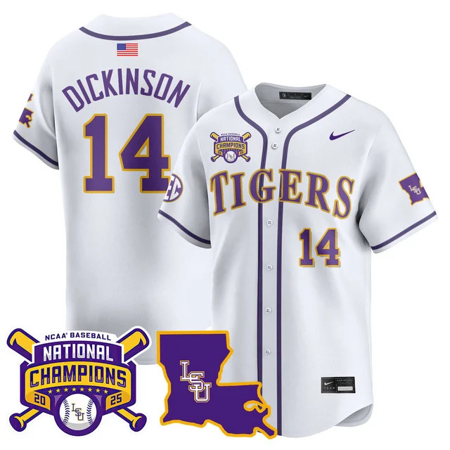Men's LSU Tigers 2025 World Series Champions Limited Jersey WHITE#14 DANIEL DICKINSON
