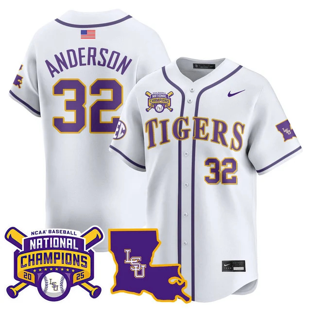 Men's LSU Tigers 2025 World Series Champions Limited Jersey WHITE#32 KADE ANDERSON