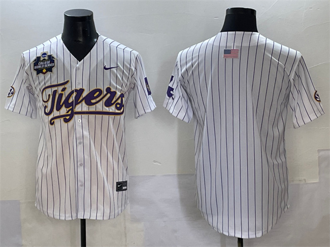Men's LSU Tigers Blank White Pinstripe 2025 World Series & SEC Patch Stitched Baseball Jersey