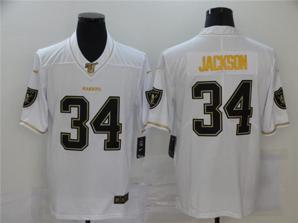 Men's Las Vegas Raiders Retired Player #34 Bo Jackson Nike White 100th Season Golden Edition Jersey