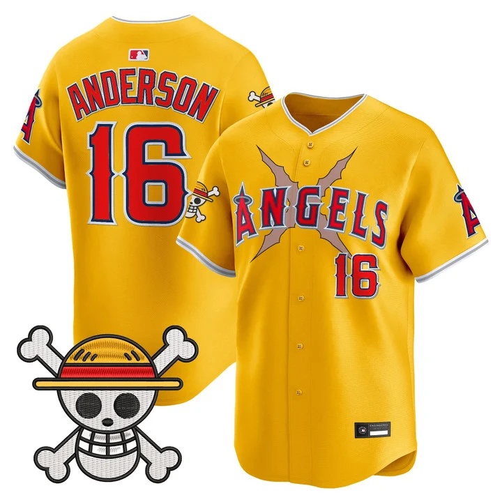 Men's Los Angeles Angels x One Piece Vapor Premier Limited Jersey gold #16 Garret Anderson
