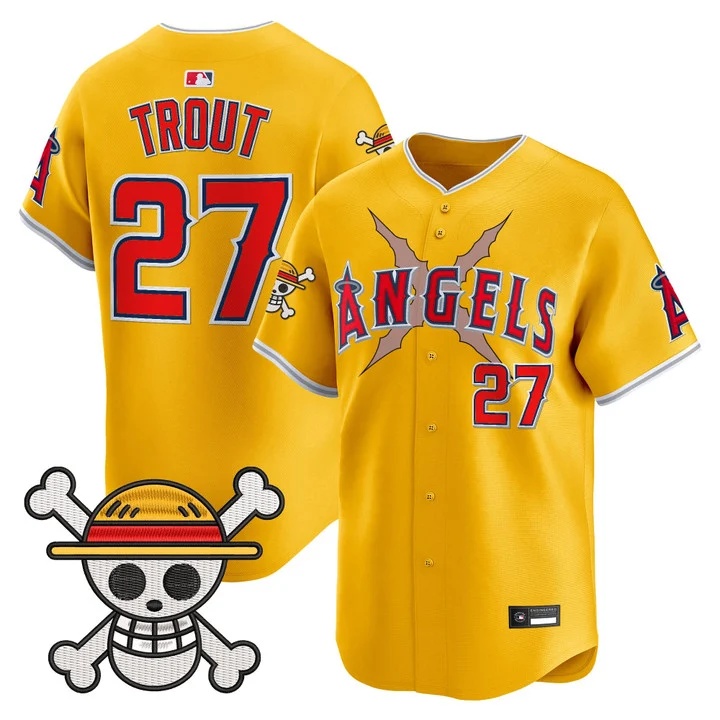Men's Los Angeles Angels x One Piece Vapor Premier Limited Jersey gold #27 Mike Trout