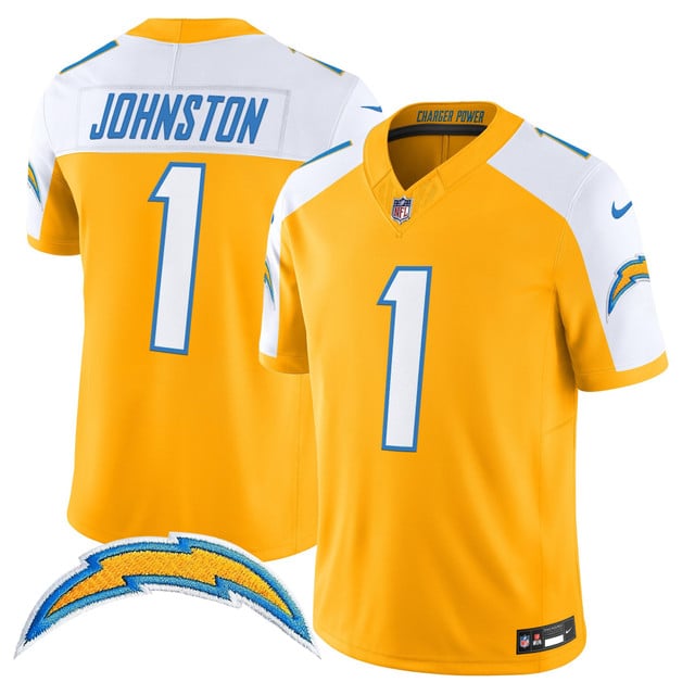 Men's Los Angeles Chargers 2025 Alternate Charger Power Vapor Limited Jersey GOLD WHITE #1 Quentin Johnston