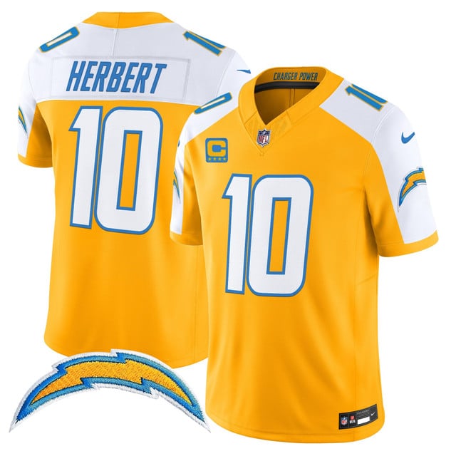Men's Los Angeles Chargers 2025 Alternate Charger Power Vapor Limited Jersey gold white #10 Justin Herbert