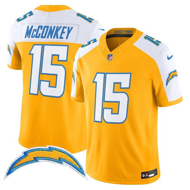Men's Los Angeles Chargers 2025 Alternate Charger Power Vapor Limited Jersey gold white #15 Ladd McConkey