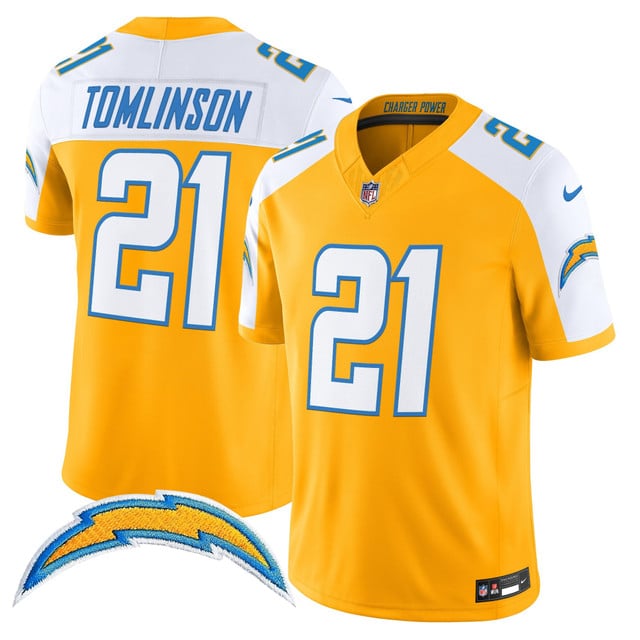 Men's Los Angeles Chargers 2025 Alternate Charger Power Vapor Limited Jersey gold white #21 LaDainian Tomlinson