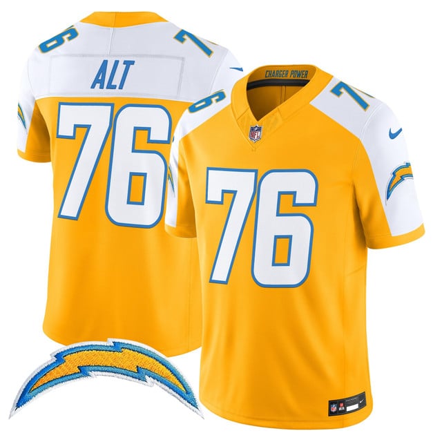 Men's Los Angeles Chargers 2025 Alternate Charger Power Vapor Limited Jersey gold white #76 Joe Alt