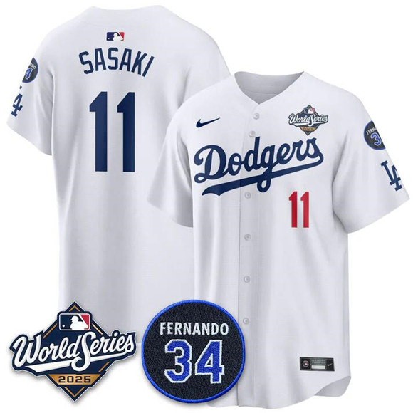 Men's Los Angeles Dodgers #11 R??ki Sasaki White 2025 World Series With No. 34 Patch Limited Stitched Jersey