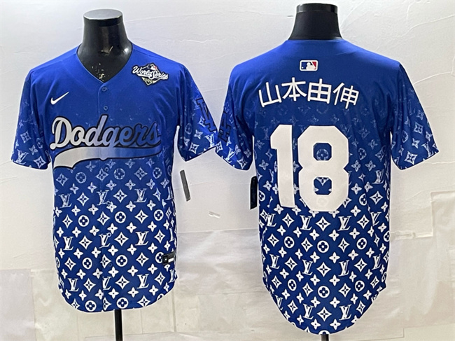 Men's Los Angeles Dodgers #18 ?±±?????±??? Blue 2025 World Series Patch Limited Stitched Baseball Jersey