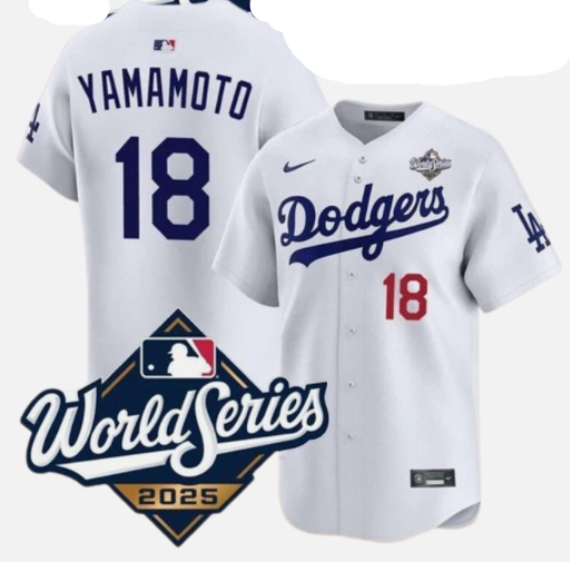 Men's Los Angeles Dodgers #18 Yoshinobu Yamamoto White 2025 World Series Home Limited Stitched Baseball Jersey