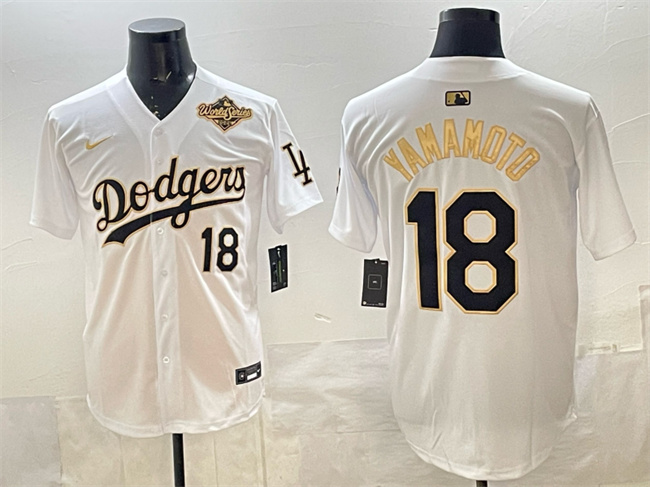 Men's Los Angeles Dodgers #18 Yoshinobu Yamamoto White Gold 2025 World Series Patch Limited Stitched Baseball Jersey