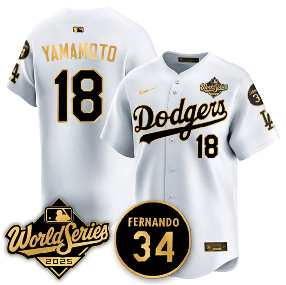 Men's Los Angeles Dodgers #18 Yoshinobu Yamamoto White Gold 2025 World Series With No.34 Patch Limited Stitched Baseball Jersey