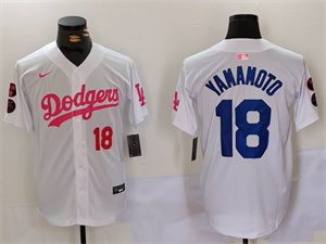 Men's Los Angeles Dodgers #18 Yoshinobu Yamamoto White Pink Vin & Kobe Patch Stitched Baseball Jerseys