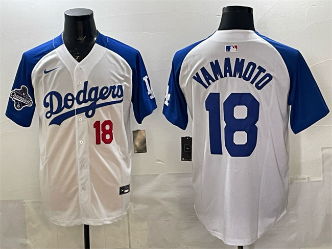 Men's Los Angeles Dodgers #18 Yoshinobu Yamamoto White Royal 2025 World Series Champions Patch Limited Stitched Baseball Jersey