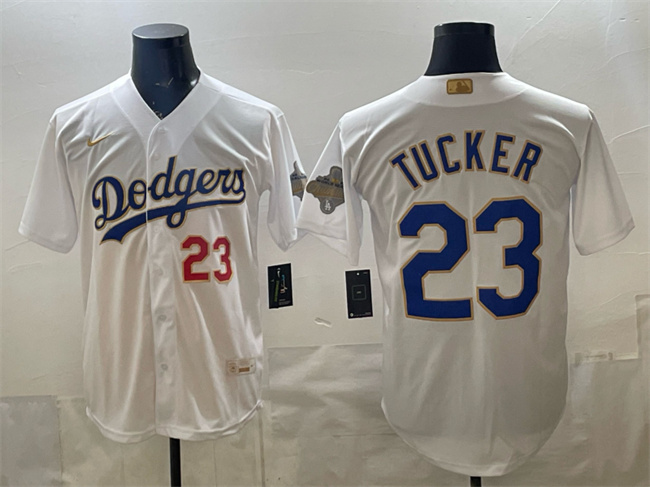 Men's Los Angeles Dodgers #23 Kyle Tucker White 2026 Gold Collection Stadium Stitched Baseball Jersey
