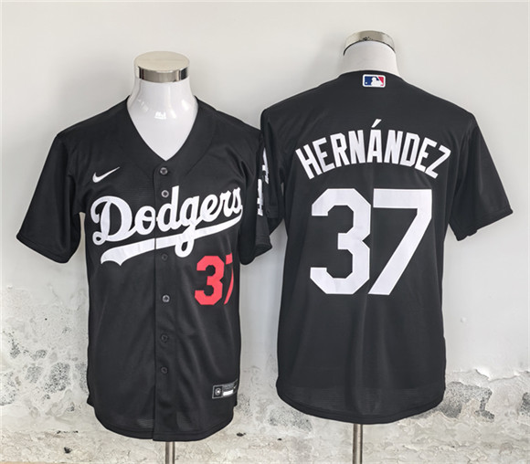 Men's Los Angeles Dodgers #37 Teoscar Hern??ndez Black Cool Base Stitched Baseball Jersey