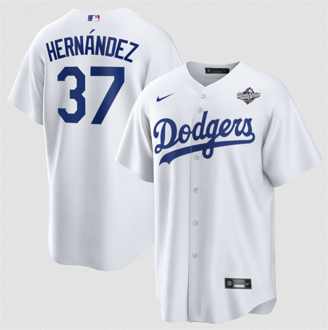 Men's Los Angeles Dodgers #37 Teoscar Hern??ndez White 2025 World Series Home Cool Base Stitched Baseball Jersey