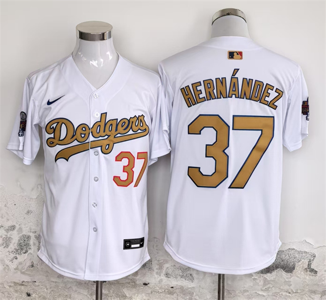 Men's Los Angeles Dodgers #37 Teoscar Hern??ndez White Gold 2025 Cool Base Stitched Baseball Jersey