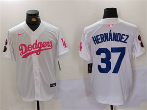 Men's Los Angeles Dodgers #37 Teoscar Hern??ndez White Pink Vin & Kobe Patch Stitched Baseball Jersey