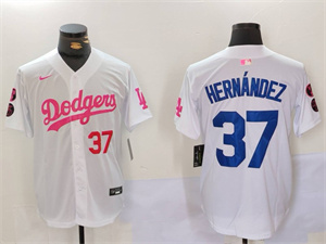 Men's Los Angeles Dodgers #37 Teoscar Hern??ndez White Pink Vin & Kobe Patch Stitched Baseball Jersey1
