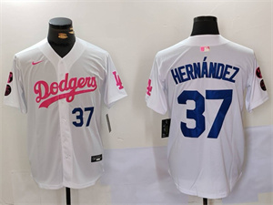 Men's Los Angeles Dodgers #37 Teoscar Hern??ndez White Pink Vin & Kobe Patch Stitched Baseball Jerseys