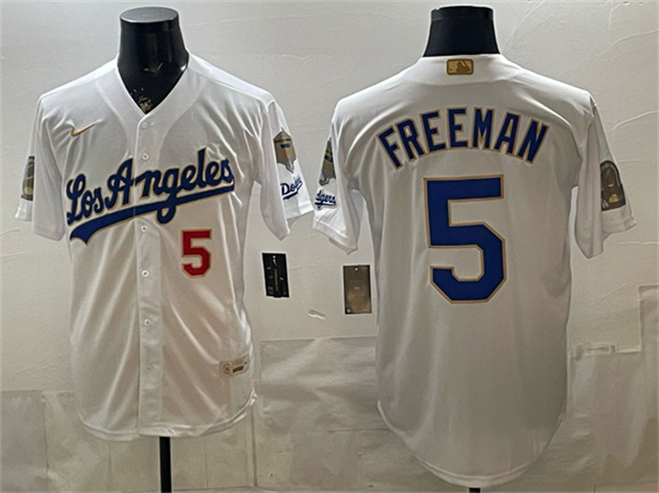 Men's Los Angeles Dodgers #5 Freddie Freeman White 2026 Gold Collection 9x & B2B Champs Patch Stitched Baseball Jersey
