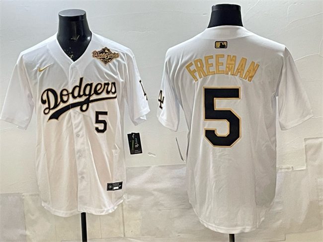 Men's Los Angeles Dodgers #5 Freddie Freeman White Gold 2025 World Series Limited Stitched Baseball Jersey