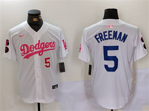 Men's Los Angeles Dodgers #5 Freddie Freeman White Pink Vin & Kobe Patch Stitched Baseball Jerseys