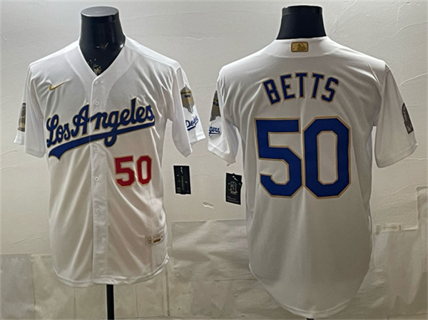 Men's Los Angeles Dodgers #50 Mookie Betts White 2026 Gold Collection 9x & B2B Champs Patch Stitched Baseball Jersey