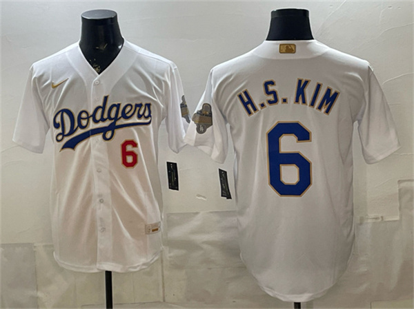 Men's Los Angeles Dodgers #6 H.S.Kim White 2026 Gold Collection Stadium Stitched Baseball Jersey