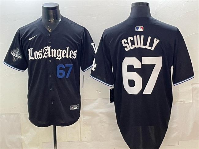 Men's Los Angeles Dodgers #67 Vin Scully Black 2025 World Series Champions Patch 'Gothic Edition' Vapor Premier Limited Stitched Baseball Jersey
