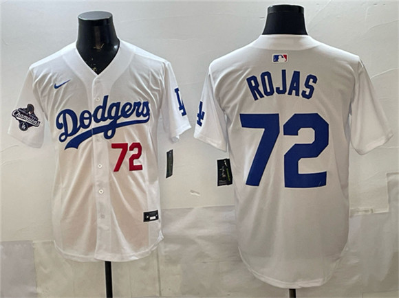 Men's Los Angeles Dodgers #72 Miguel Rojas White 2025 World Series Champions Patch Limited Stitched Baseball Jersey