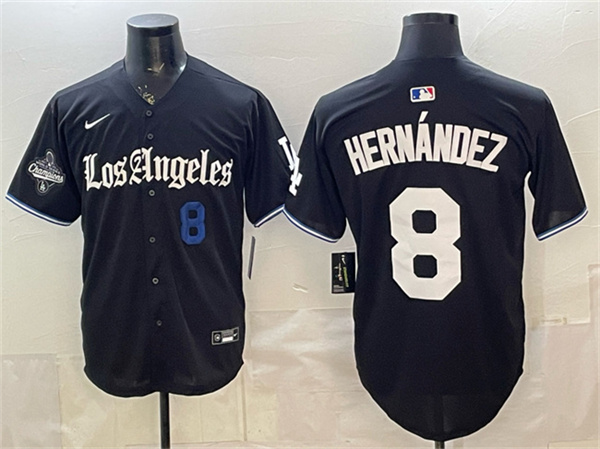 Men's Los Angeles Dodgers #8 Enrique Hern??ndez Black 2025 World Series Champions Patch 'Gothic Edition' Vapor Premier Limited Stitched Baseball Jersey